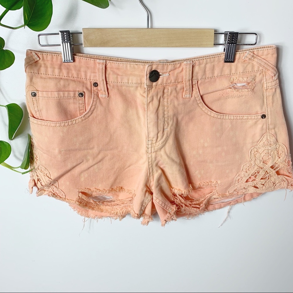 Free People Distressed Lace Orange Shorts Denim 27
